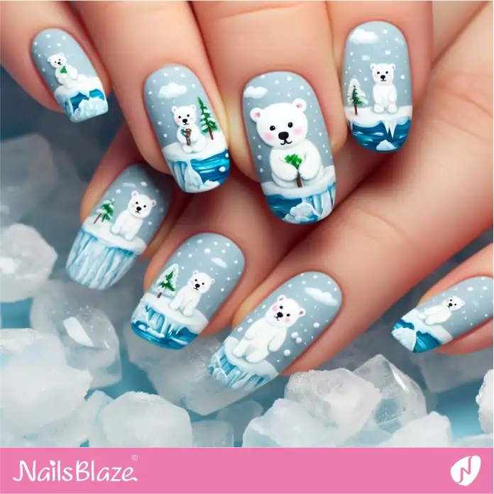 Nails with Cute Bear on a Snowy Day | Polar Wonders Nails - NB3166
